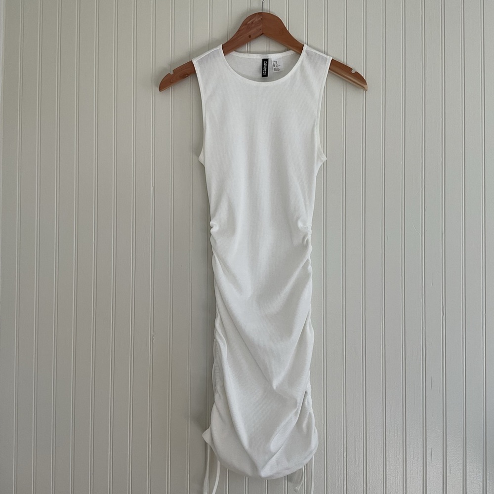 H&M Divided Sleeveless  Ribbed Bodycon Ruched Dress White